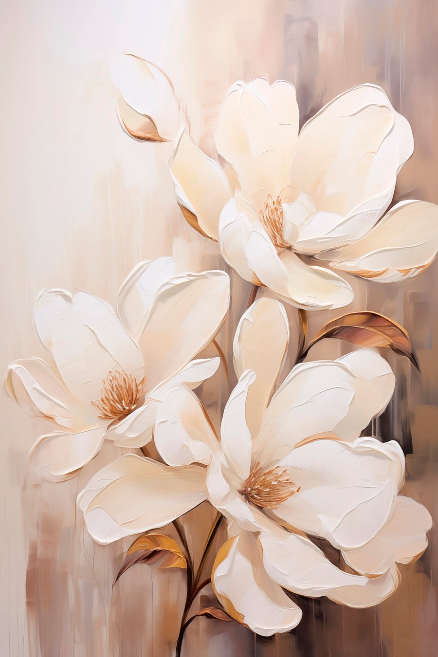Witte magnolia bloemen tegen een zachte, onscherpe achtergrond van beige en bruine tinten, elegante bloemencompositie — volledig ontwerp
