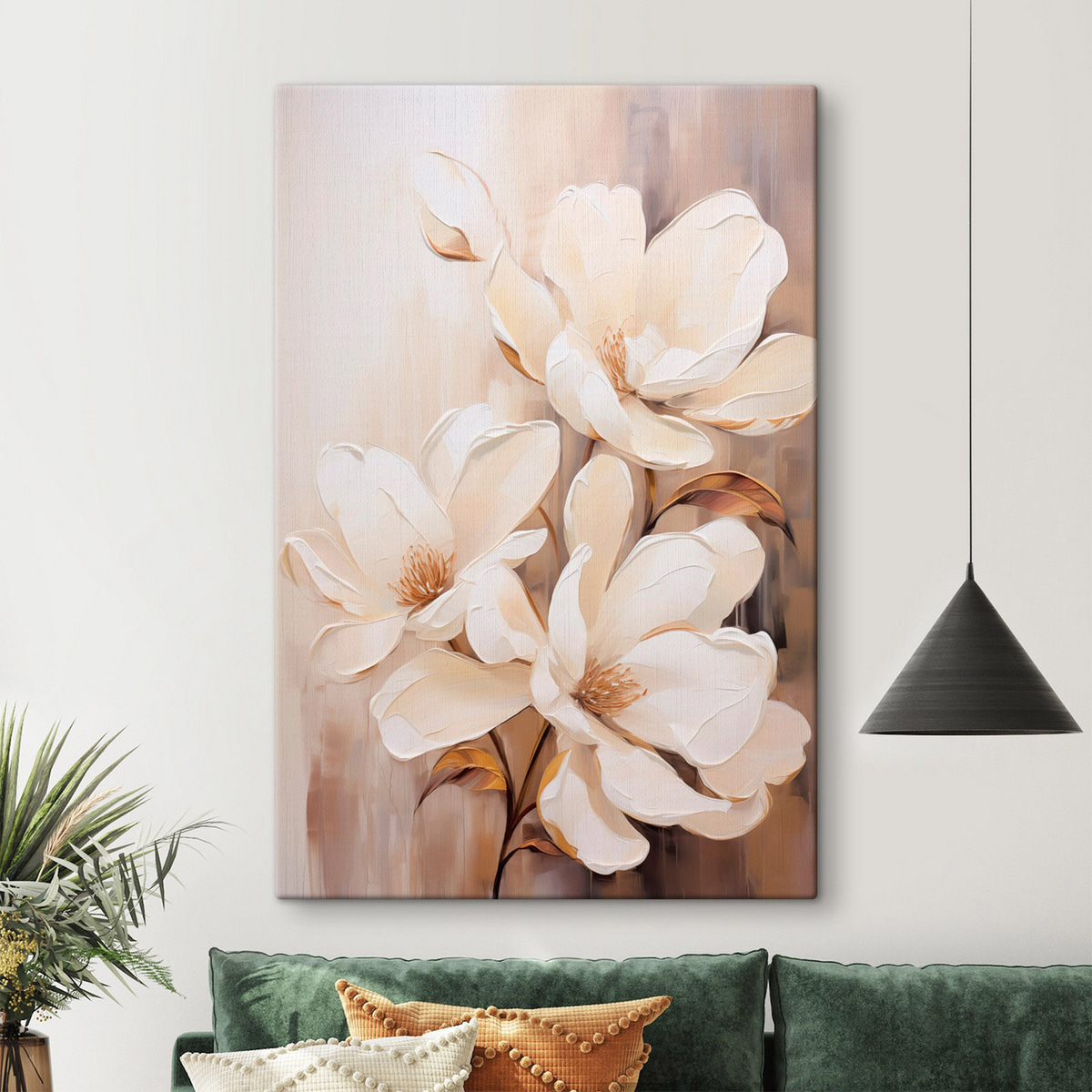 Witte magnolia bloemen tegen een zachte, onscherpe achtergrond van beige en bruine tinten, elegante bloemencompositie — interieur 2