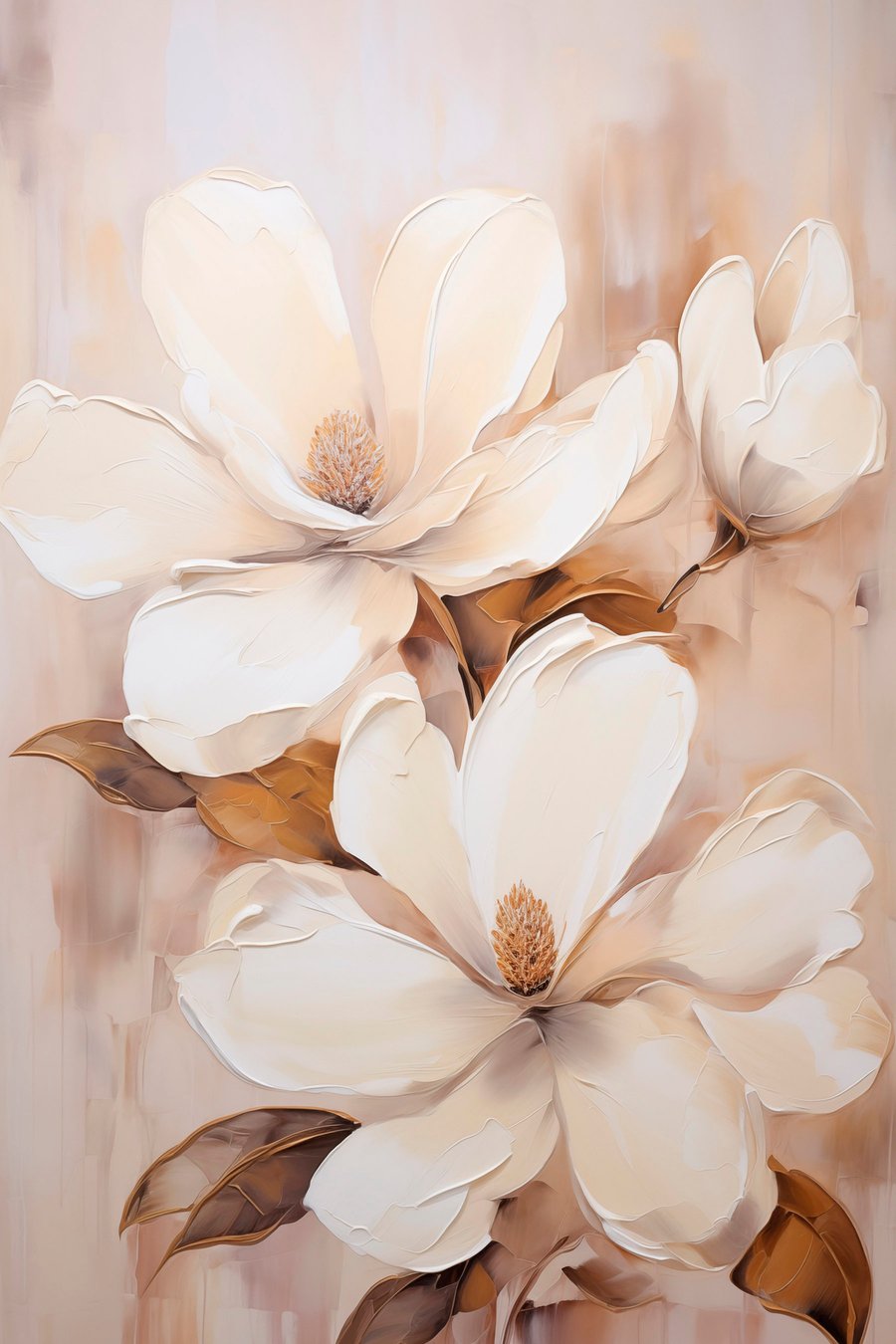Witte magnoliabloemen tegen een zachte, onscherpe achtergrond van beige en bruine tinten, schilderstijl — volledig ontwerp