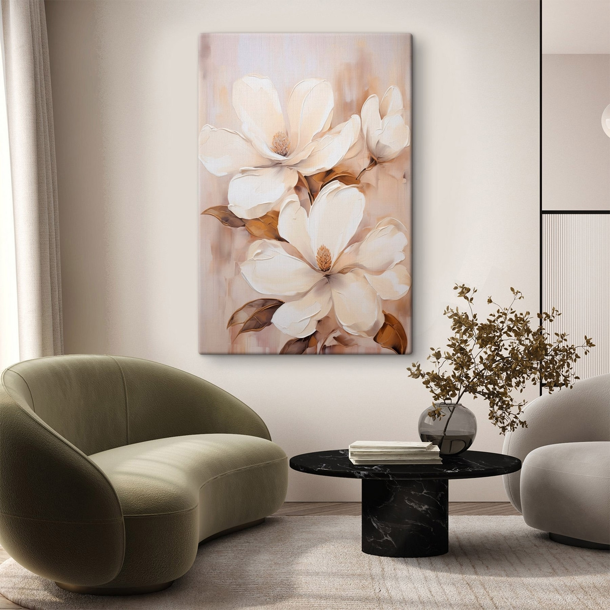 Witte magnoliabloemen tegen een zachte, onscherpe achtergrond van beige en bruine tinten, schilderstijl — interieur 1