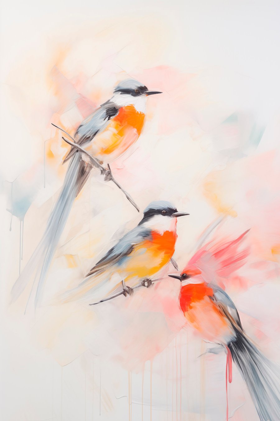 Vogels neergestreken op takken , zachte pastelkleuren, lichte achtergrond met roze en witte tinten — volledig ontwerp