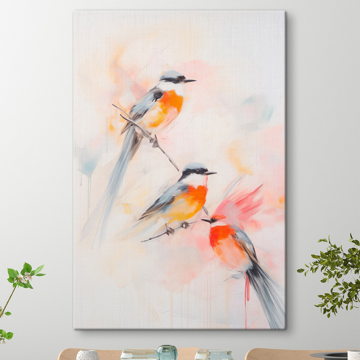Vogels neergestreken op takken , zachte pastelkleuren, lichte achtergrond met roze en witte tinten — interieur 2