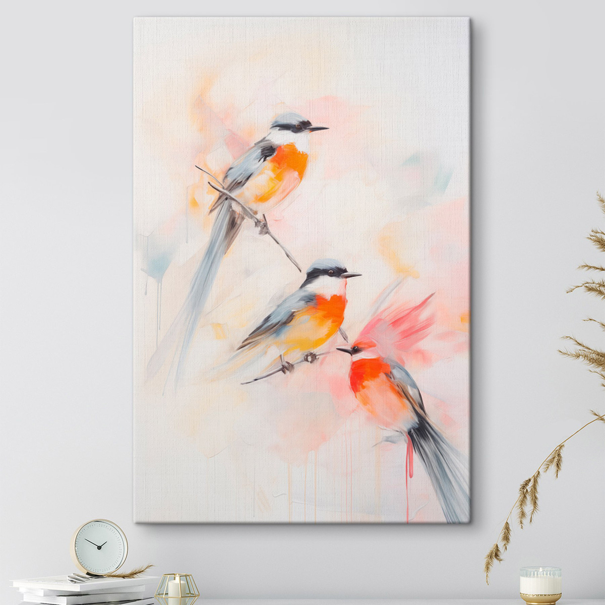 Vogels neergestreken op takken , zachte pastelkleuren, lichte achtergrond met roze en witte tinten — interieur 1