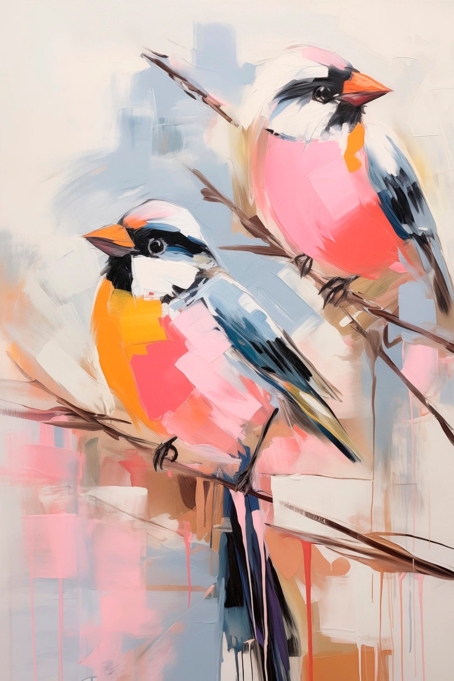 Kleurrijke vogels op een tak tegen een zachte pastelkleurige achtergrond — volledig ontwerp