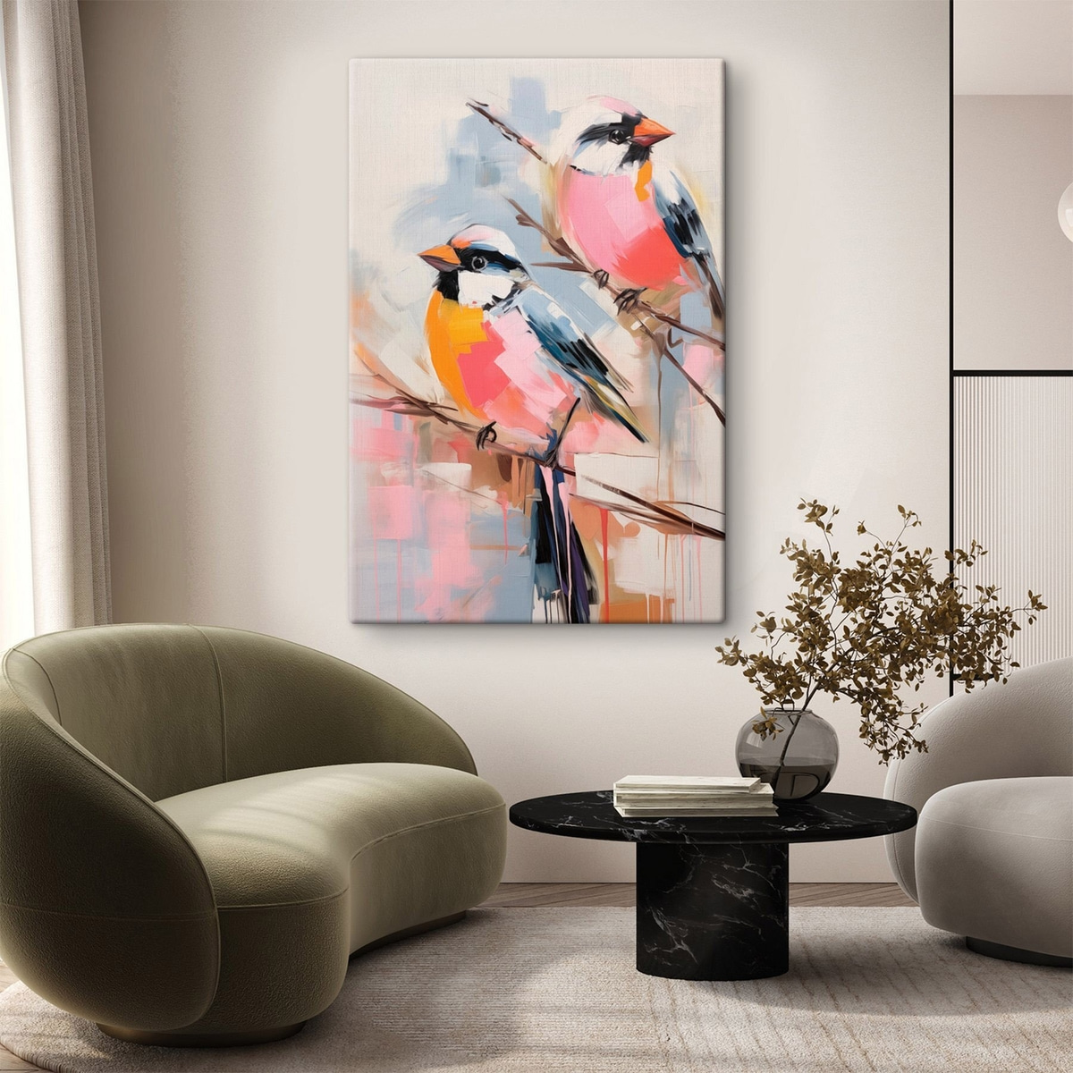 Kleurrijke vogels op een tak tegen een zachte pastelkleurige achtergrond — interieur 1