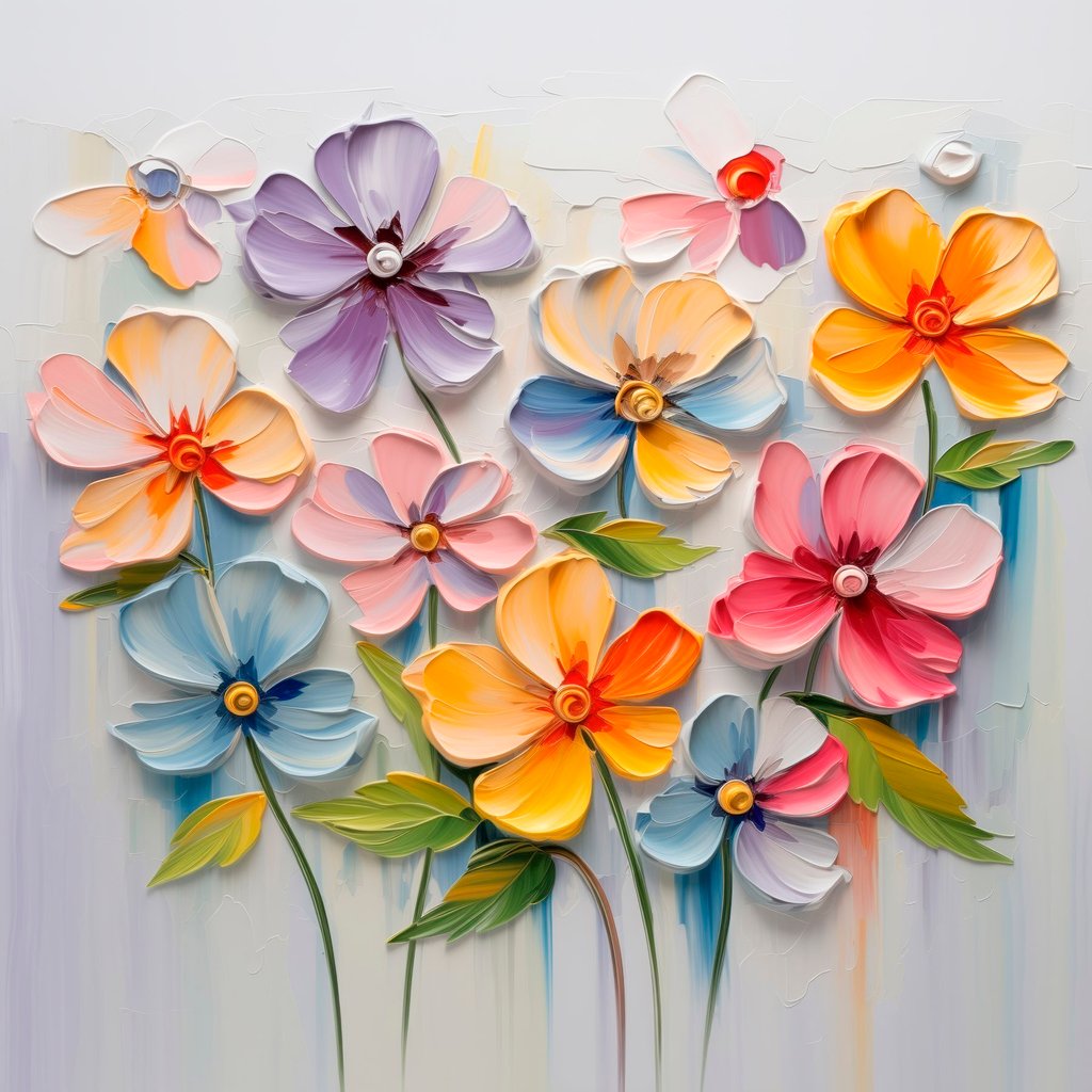 Bloemstilleven: veelkleurige bloemen in impasto techniek — volledig ontwerp