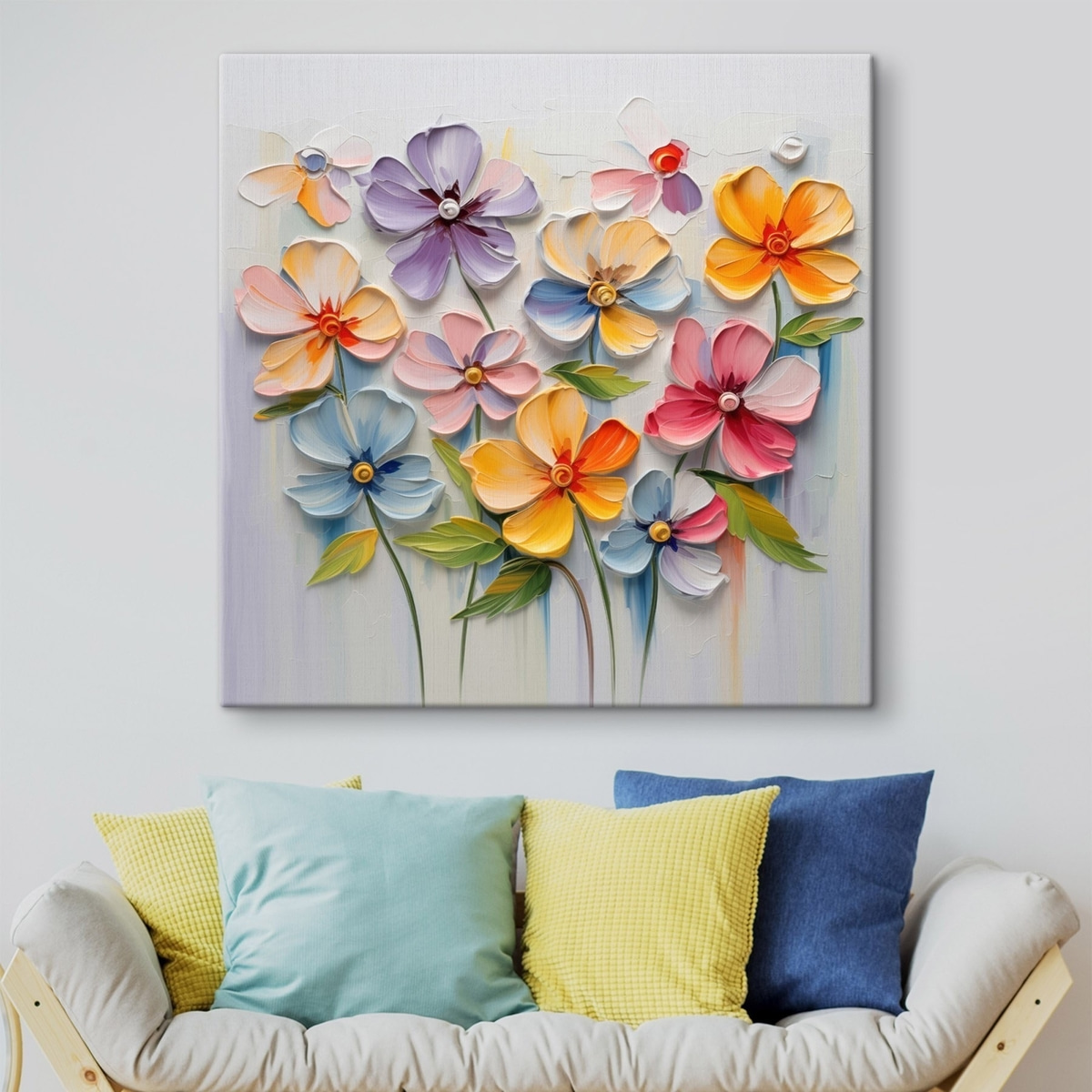 Bloemstilleven: veelkleurige bloemen in impasto techniek — interieur 1