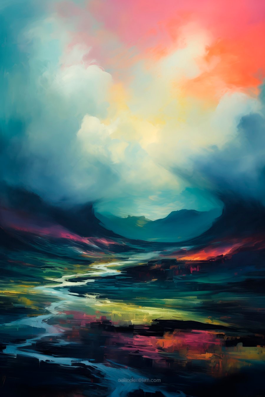 Abstract landschap met een rivier en bergen — volledig ontwerp