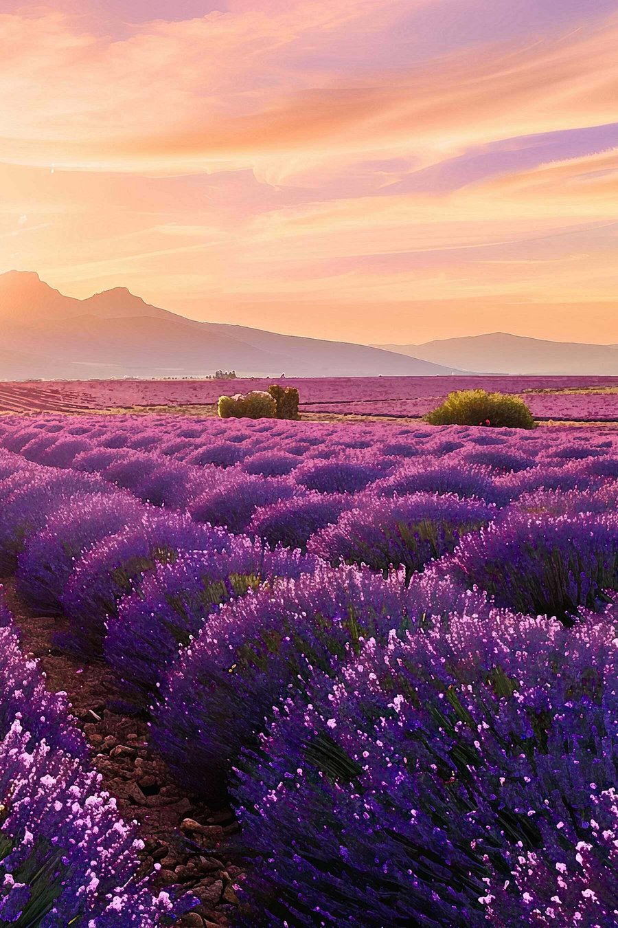 Lavendel tegen de achtergrond van een zonsondergang in de bergen — volledig ontwerp