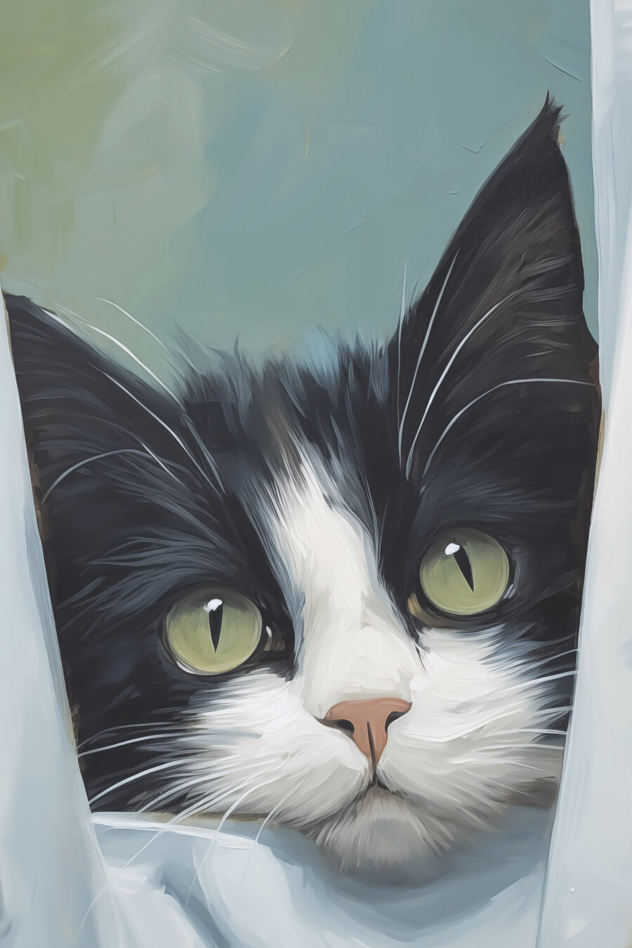 Kat die door een gordijn naar buiten kijkt — volledig ontwerp