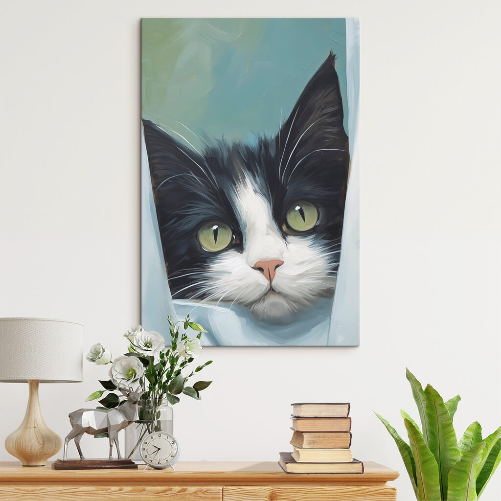 Kat die door een gordijn naar buiten kijkt — interieur 2