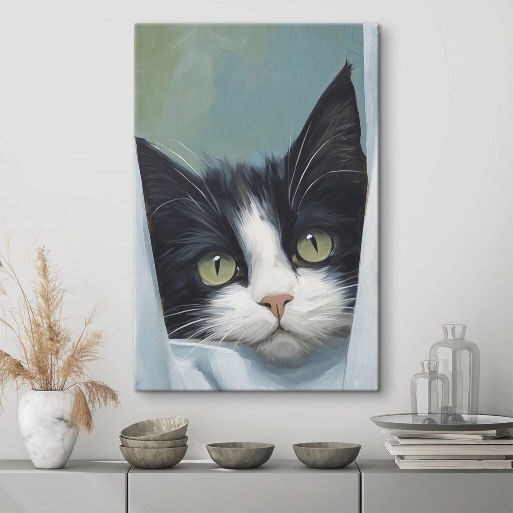 Kat die door een gordijn naar buiten kijkt — interieur 1