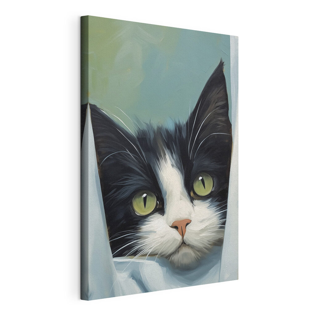 Kat die door een gordijn naar buiten kijkt, gespannen canvas met doorlopende rand