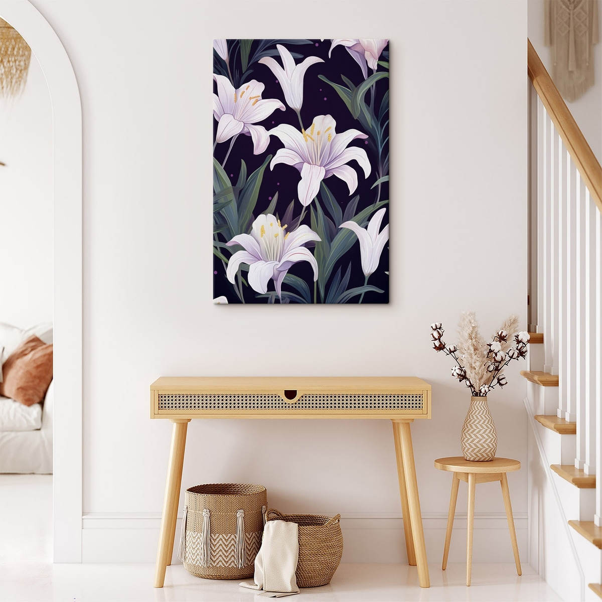Delicate lelies op een donkere achtergrond met groene bladeren — interieur 2