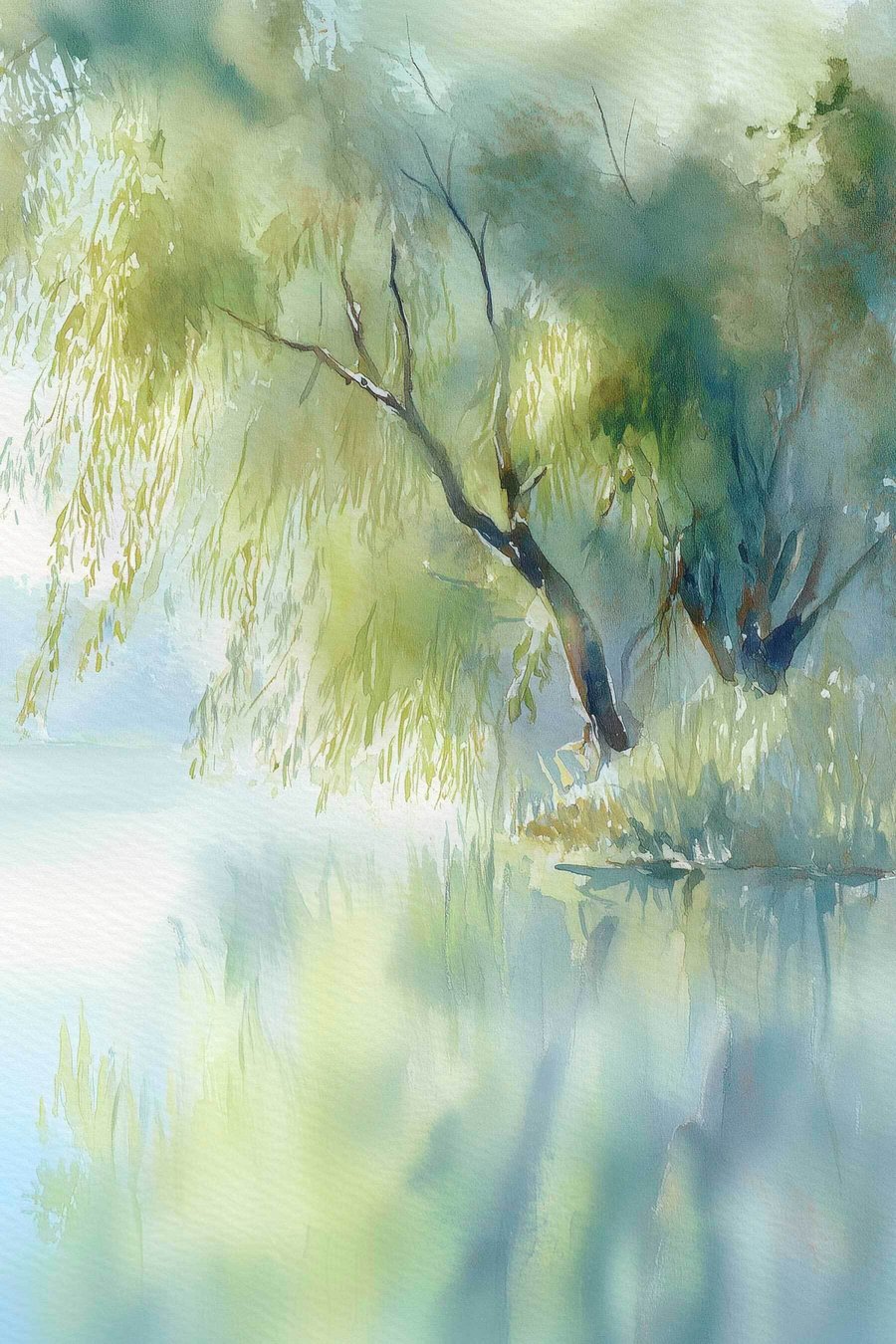 wilgenboom aan de oever van het meer in aquarelstijl — volledig ontwerp
