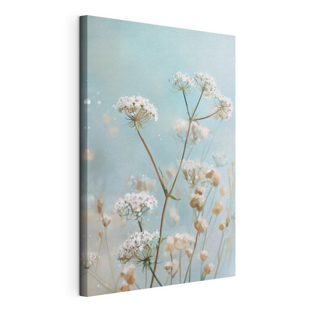 Verfijnde bloemen tegen een zachte achtergrond, gespannen canvas met doorlopende rand