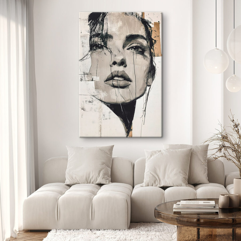 Schilderij van het gezicht van een vrouw in een interieur