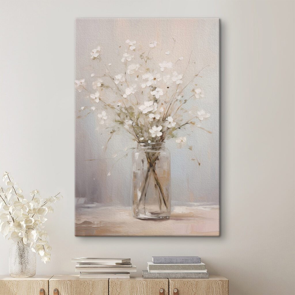 Schilderij van een vaas met witte bloemen — interieur 1