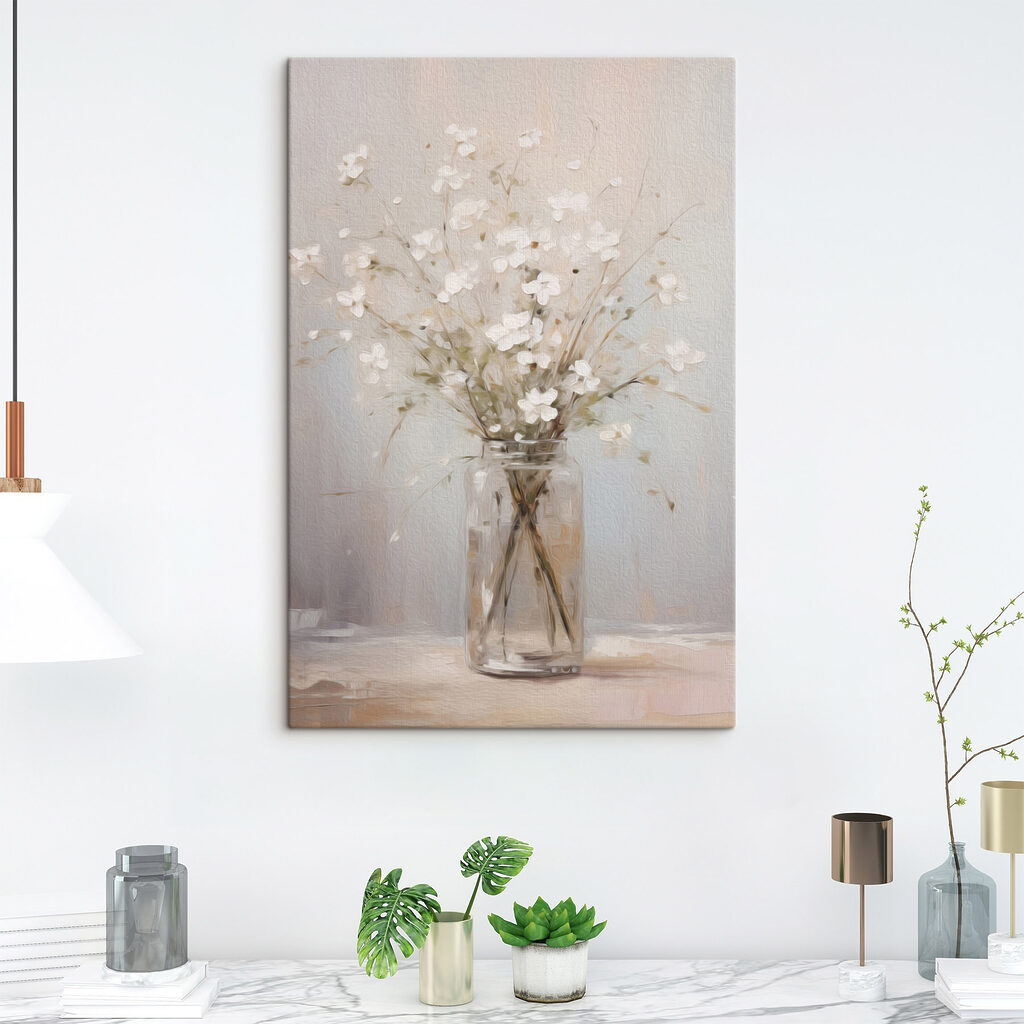Schilderij van een vaas met witte bloemen — interieur 3