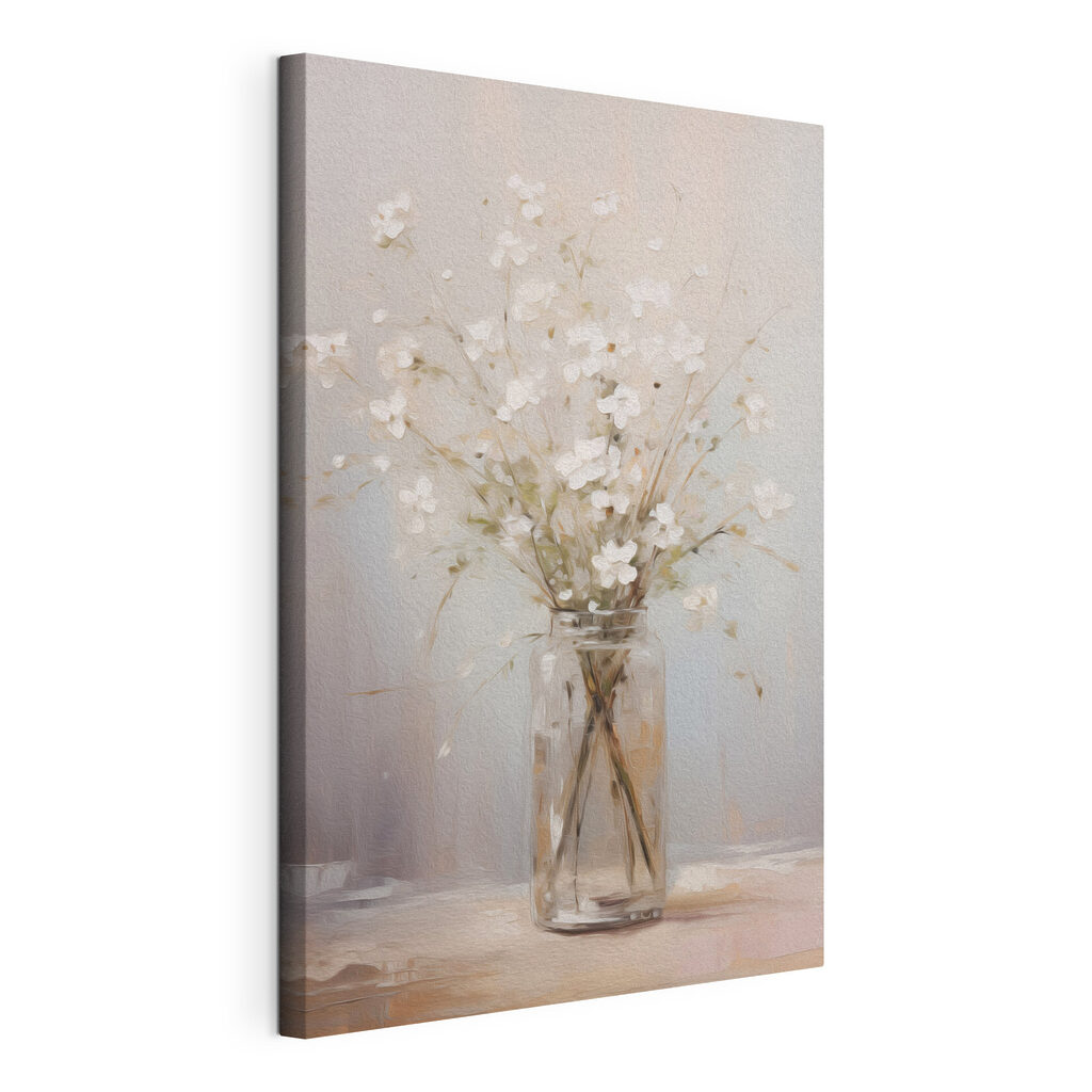 Schilderij van een vaas met witte bloemen, gespannen canvas met doorlopende rand