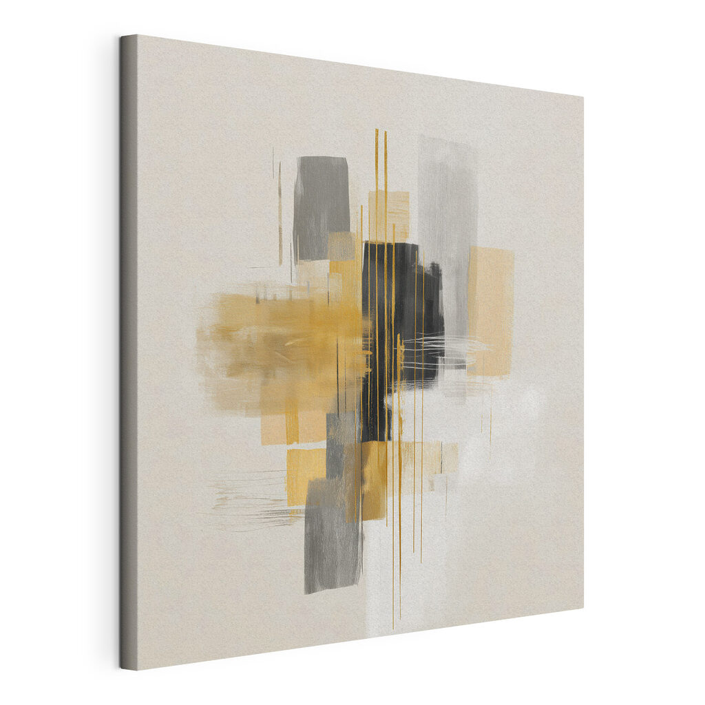 Dynamische abstracte compositie in zachte kleuren, gespannen canvas met doorlopende rand