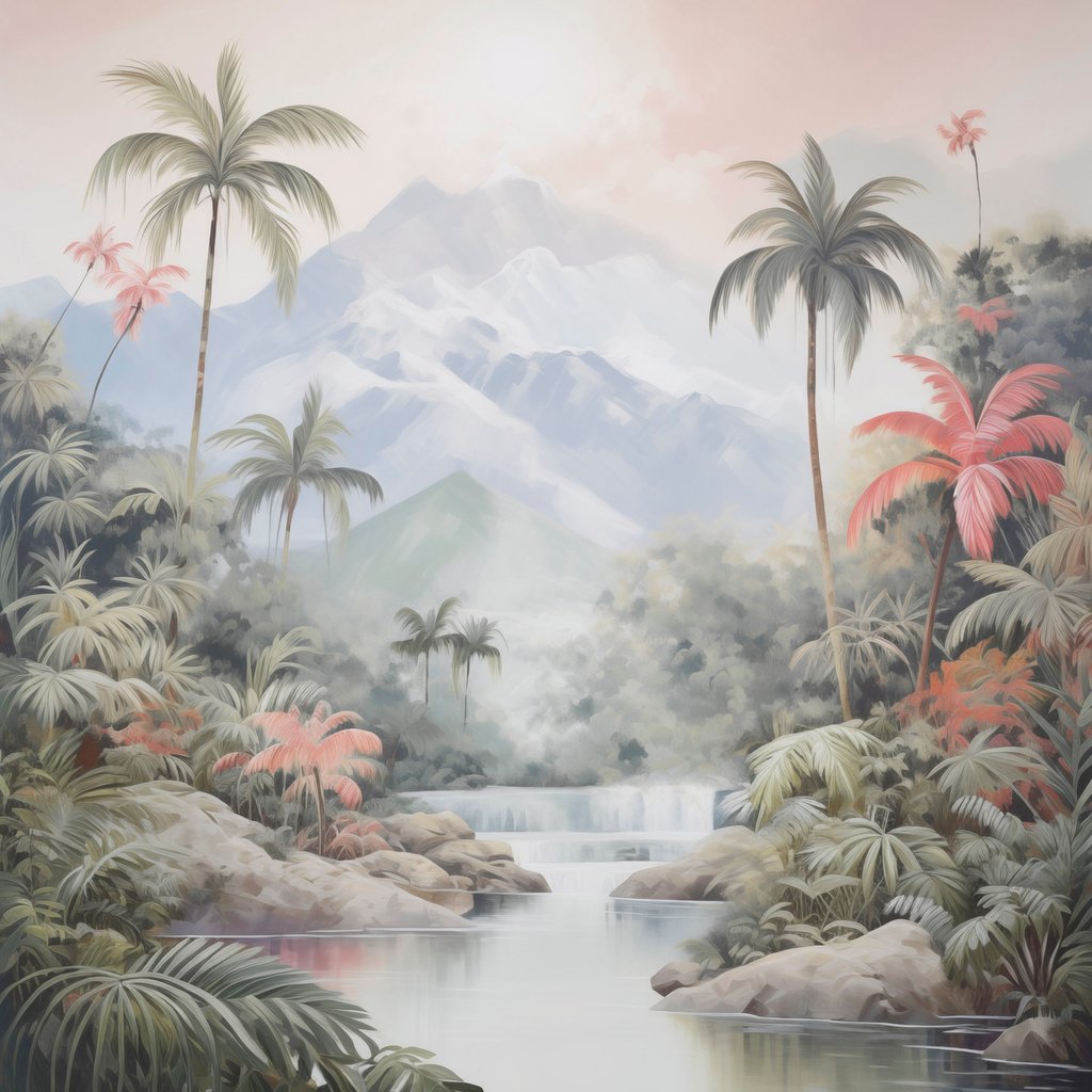 Rivier in tropisch bos voor de bergen — volledig ontwerp