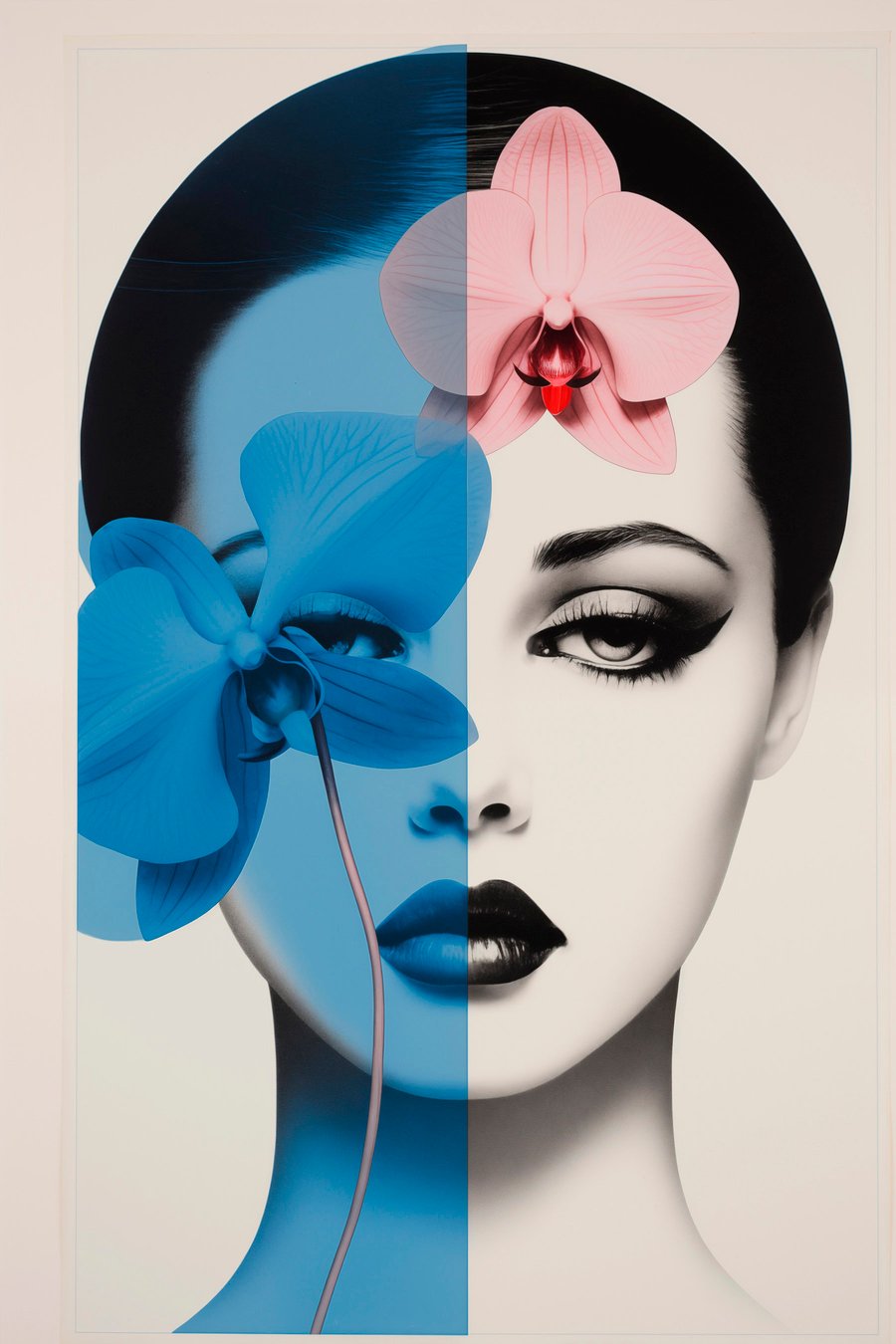 Abstract kunstportret van een vrouw met orchideeën — volledig ontwerp
