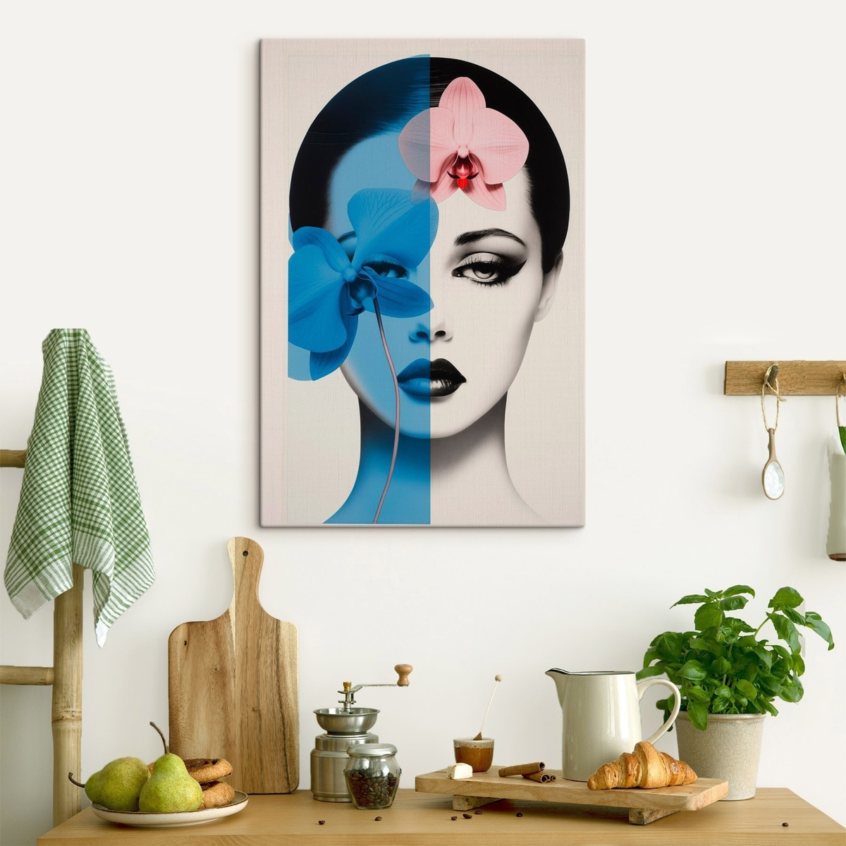 Abstract kunstportret van een vrouw met orchideeën — interieur 2