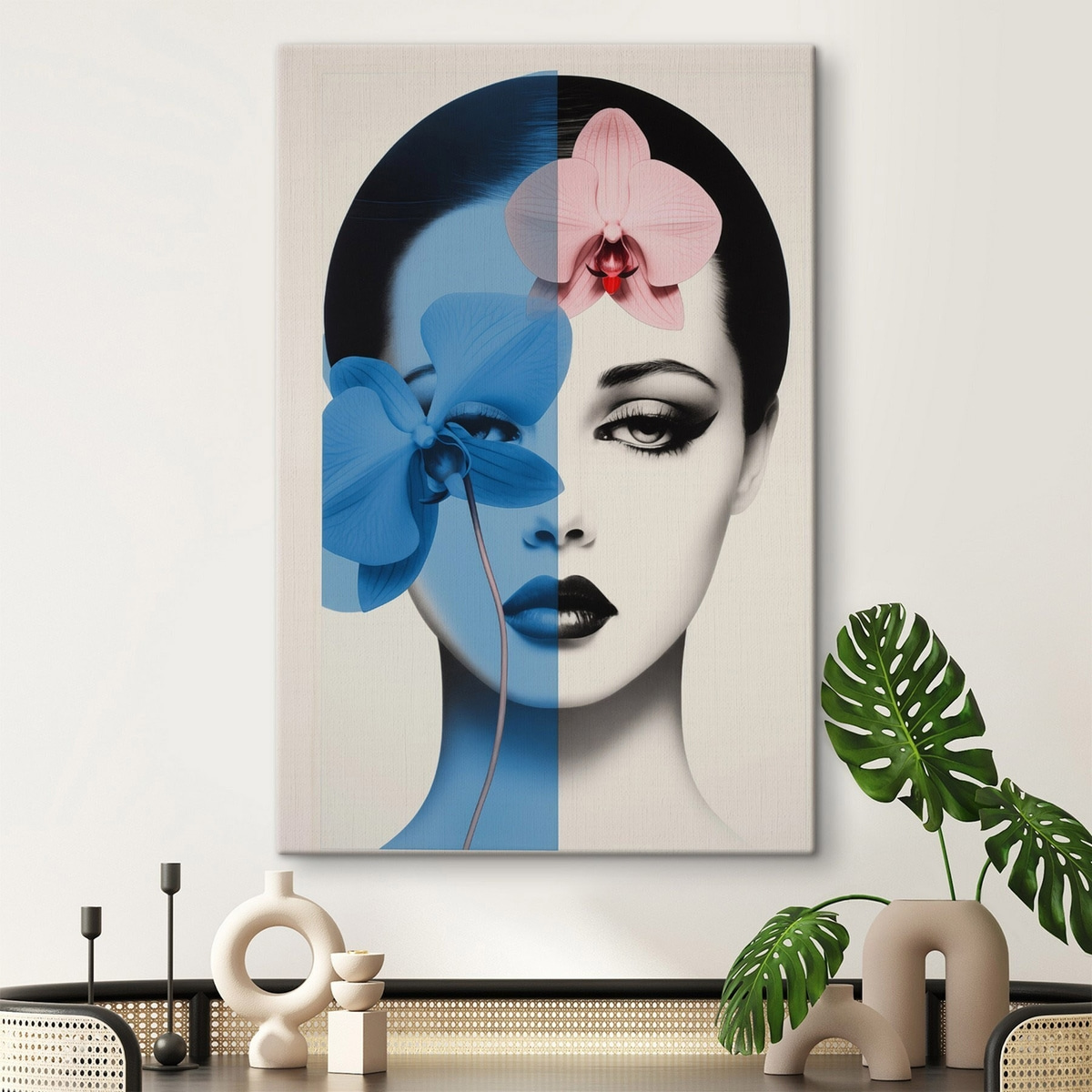 Abstract kunstportret van een vrouw met orchideeën — interieur 1