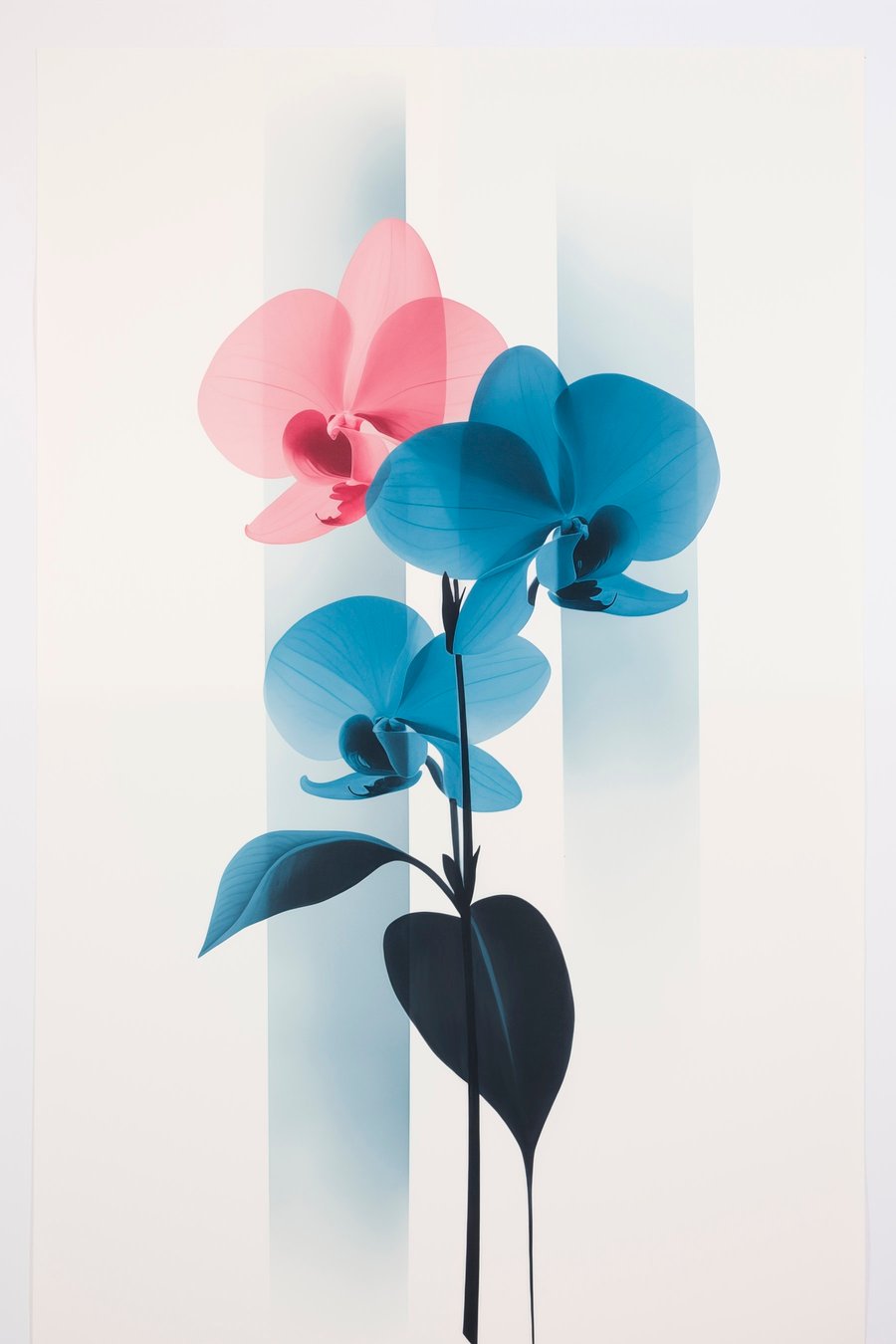Orchideeën met bladeren op een witte achtergrond met verticale strepen — volledig ontwerp