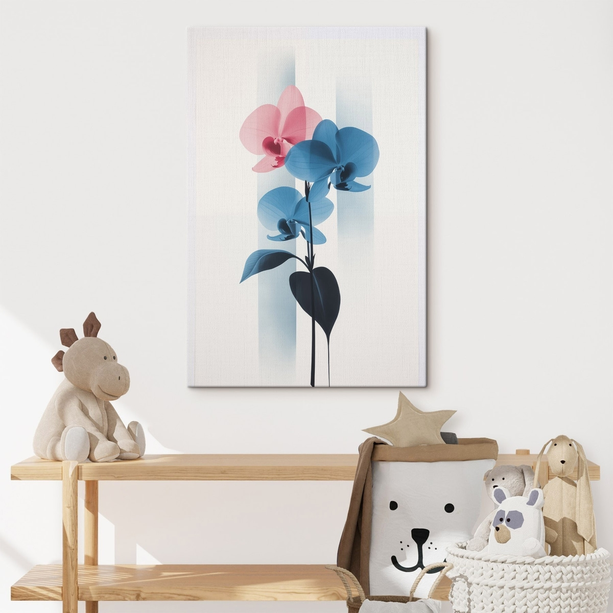 Orchideeën met bladeren op een witte achtergrond met verticale strepen — interieur 2