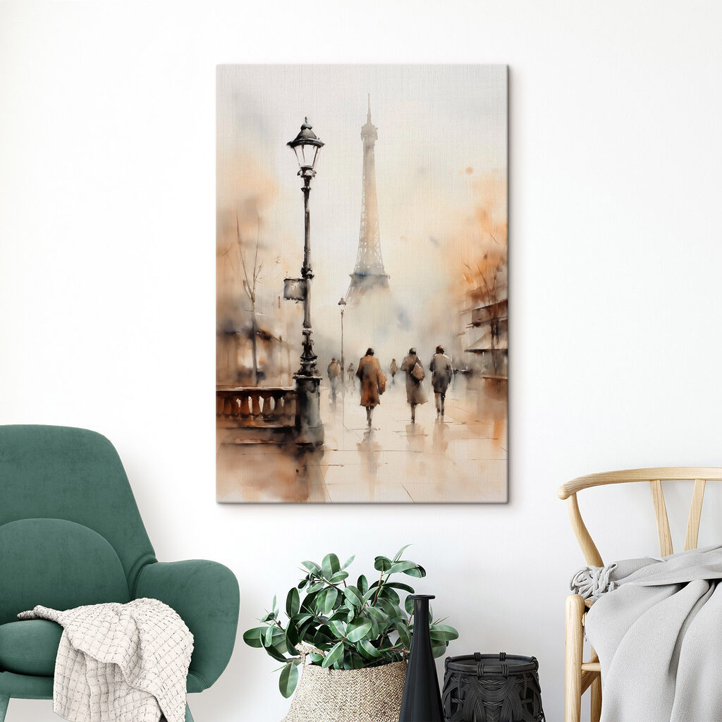 Aquarel van mensen die over een trottoir lopen in een interieur