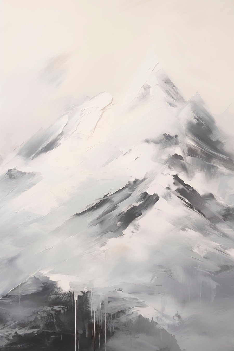 Besneeuwde bergtoppen met grijze schaduwen, grijze lucht, penseelstreken, gestructureerd, minimalistisch — volledig ontwerp