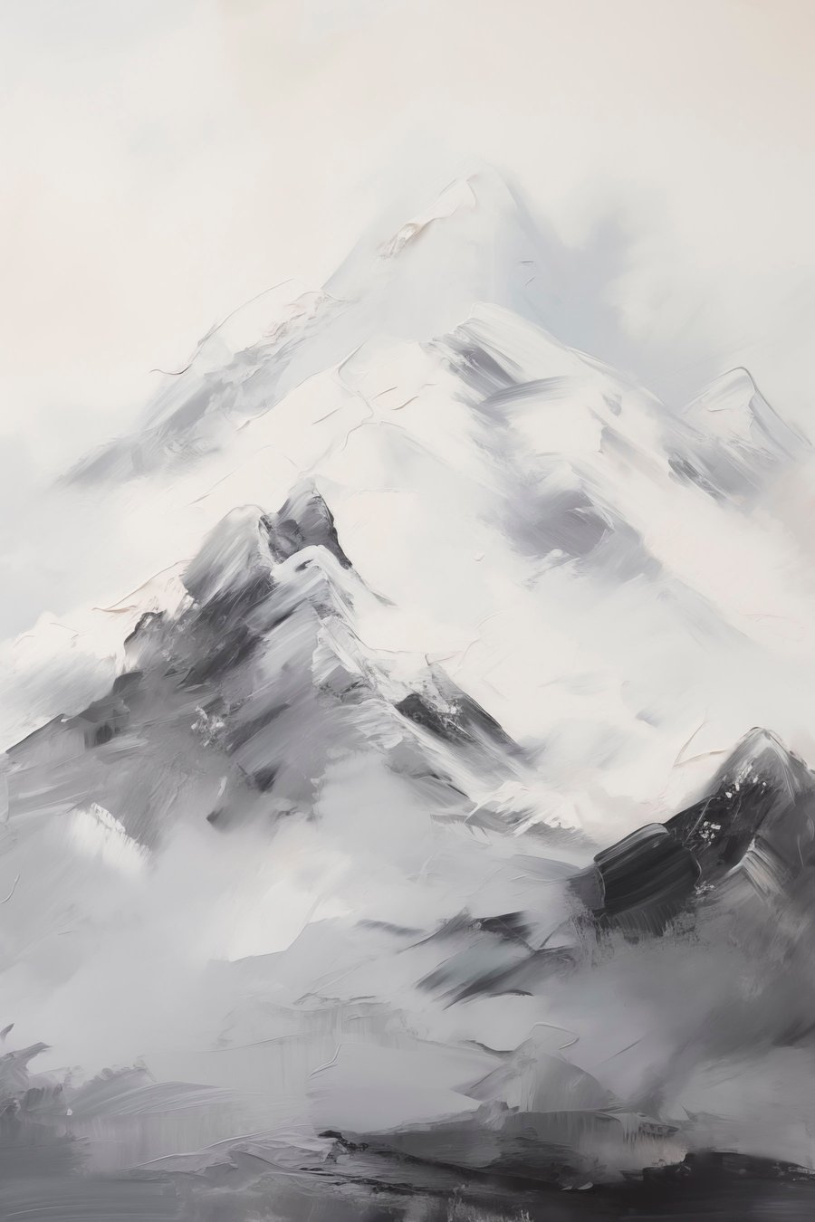 Besneeuwde bergtoppen met grijze schaduwen, grijze lucht, penseelstreken, gestructureerd, minimalistisch — volledig ontwerp