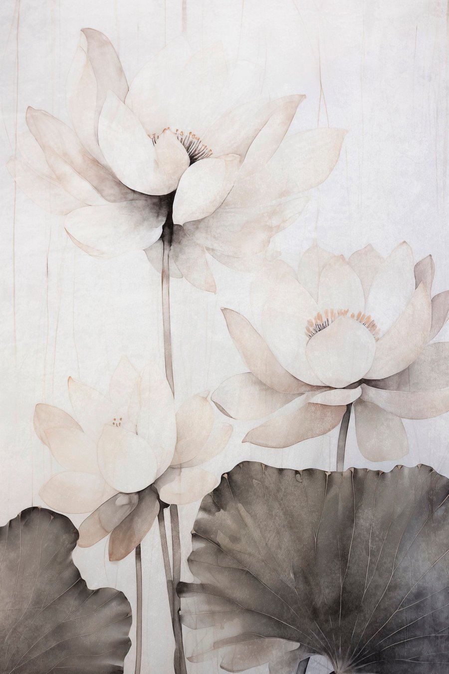 Witte lotusbloemen met textuur en donkere bladeren, lichte achtergrond, minimalistisch ontwerp — volledig ontwerp