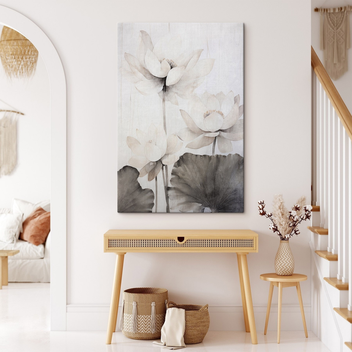 Witte lotusbloemen met textuur en donkere bladeren, lichte achtergrond, minimalistisch ontwerp — interieur 1