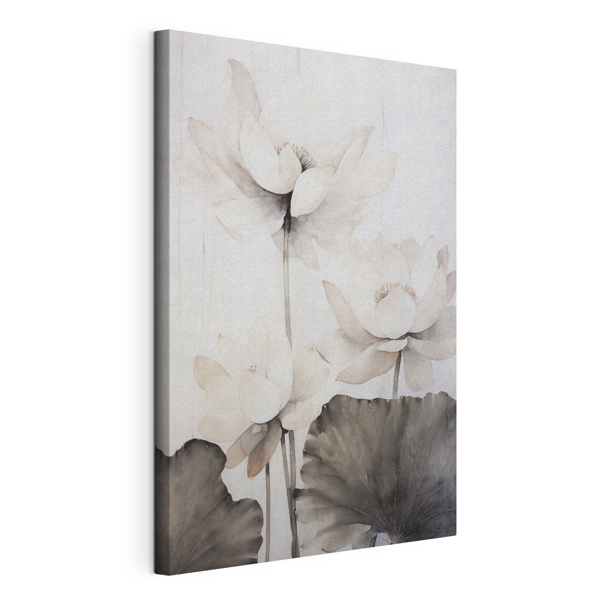 Witte lotusbloemen met textuur en donkere bladeren, lichte achtergrond, minimalistisch ontwerp, gespannen canvas met doorlopende rand