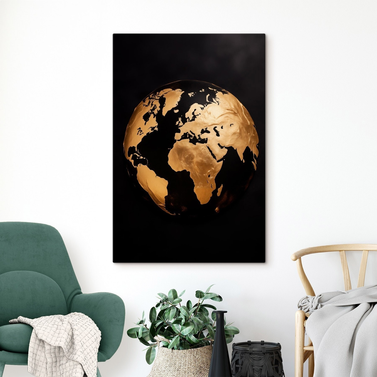 Gele gestructureerde abstracte wereldbol, planeet op een zwarte achtergrond, moderne minimalistische kunst — interieur 1