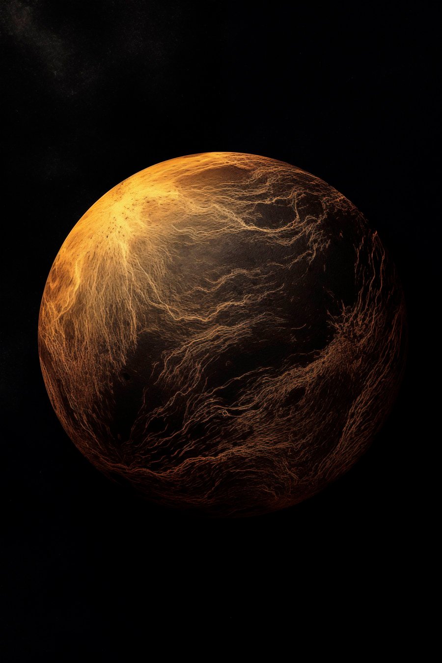 Abstracte planeet met oranje aderen tegen een zwarte ruimteachtergrond, moderne minimalistische kunst — volledig ontwerp