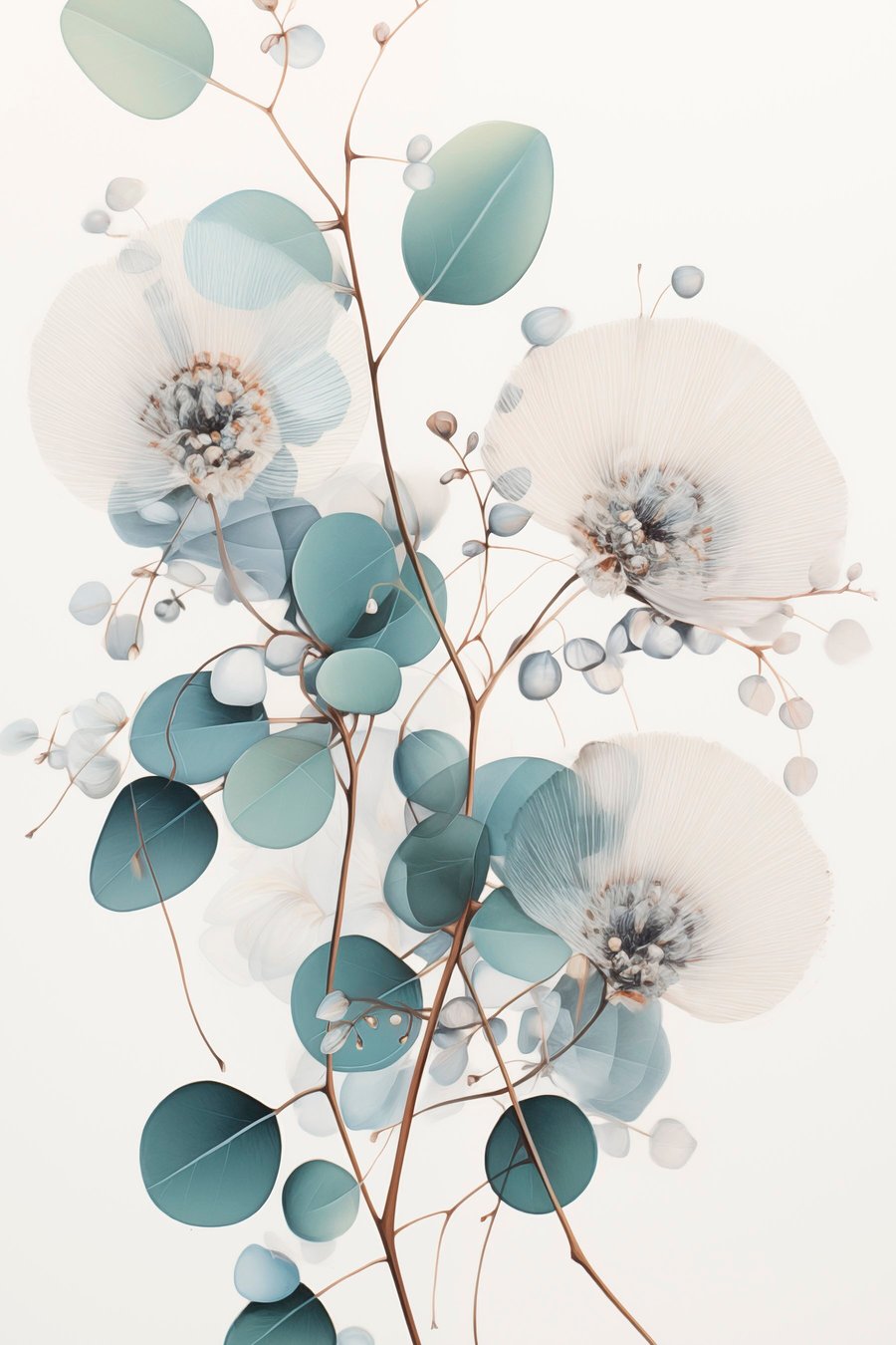 Eucalyptus abstracte bloemen met witte bloemblaadjes, gedempte groene bladeren aan takken — volledig ontwerp