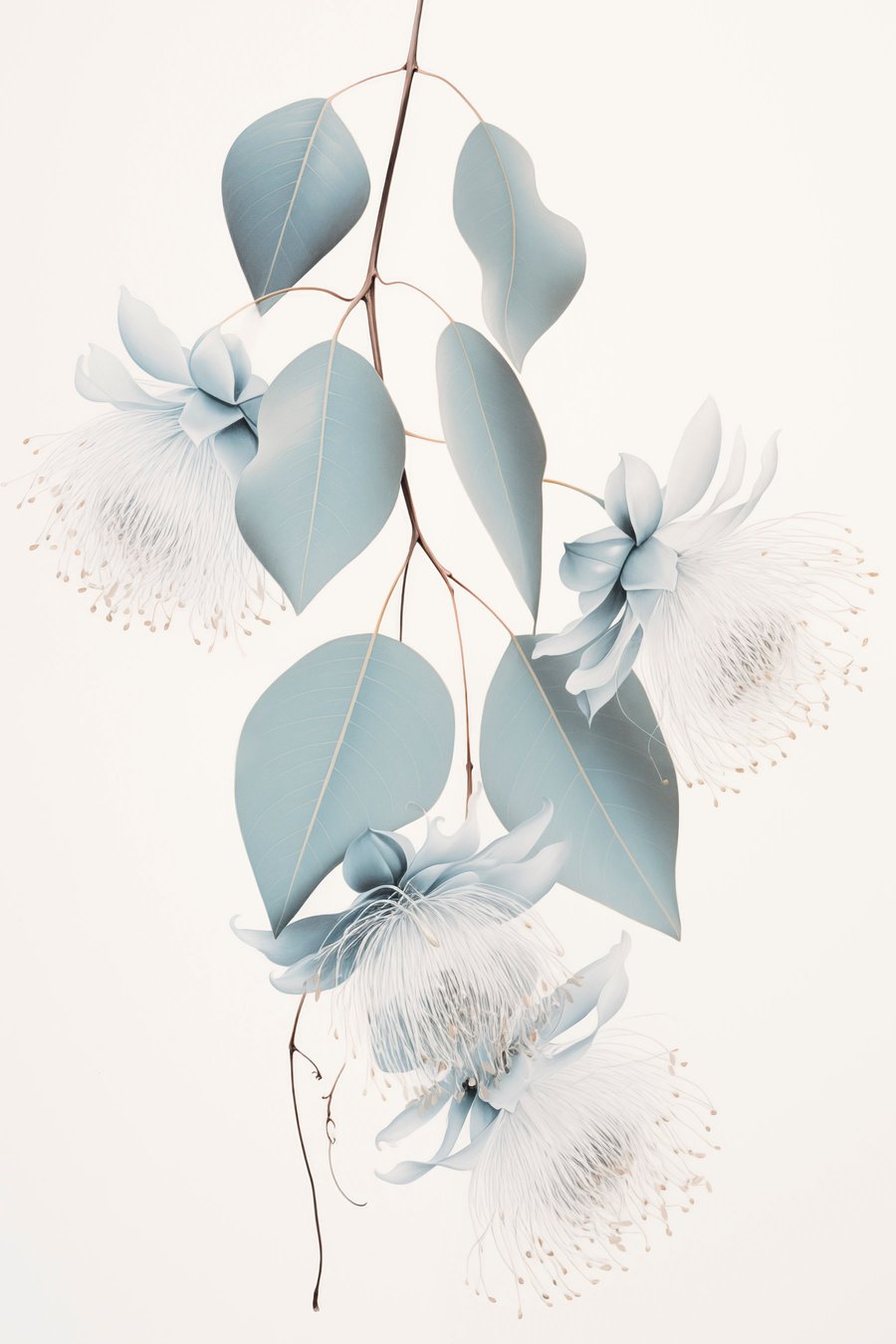 Eucalyptustak met blauwe bladeren en witte bloemen, lichte achtergrond — volledig ontwerp