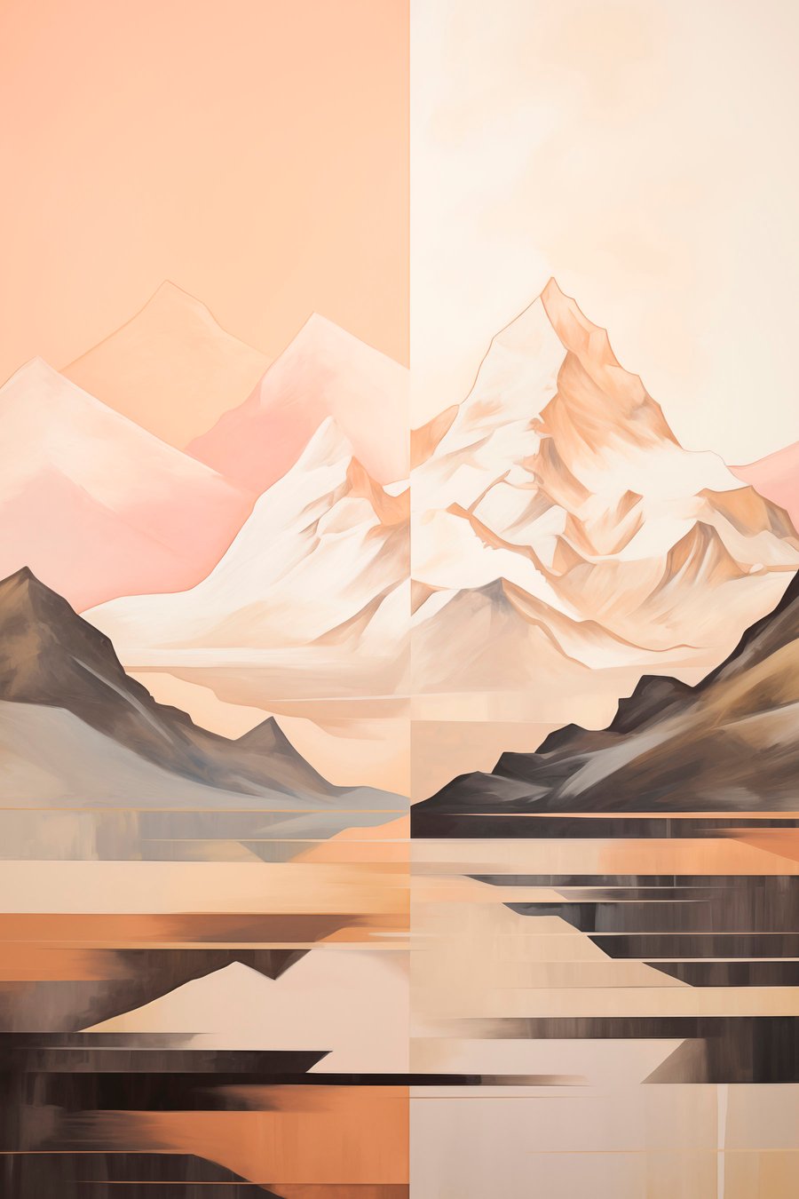 Abstract landschap met bergen en een meer, pastelkleuren, minimalistische stijl — volledig ontwerp