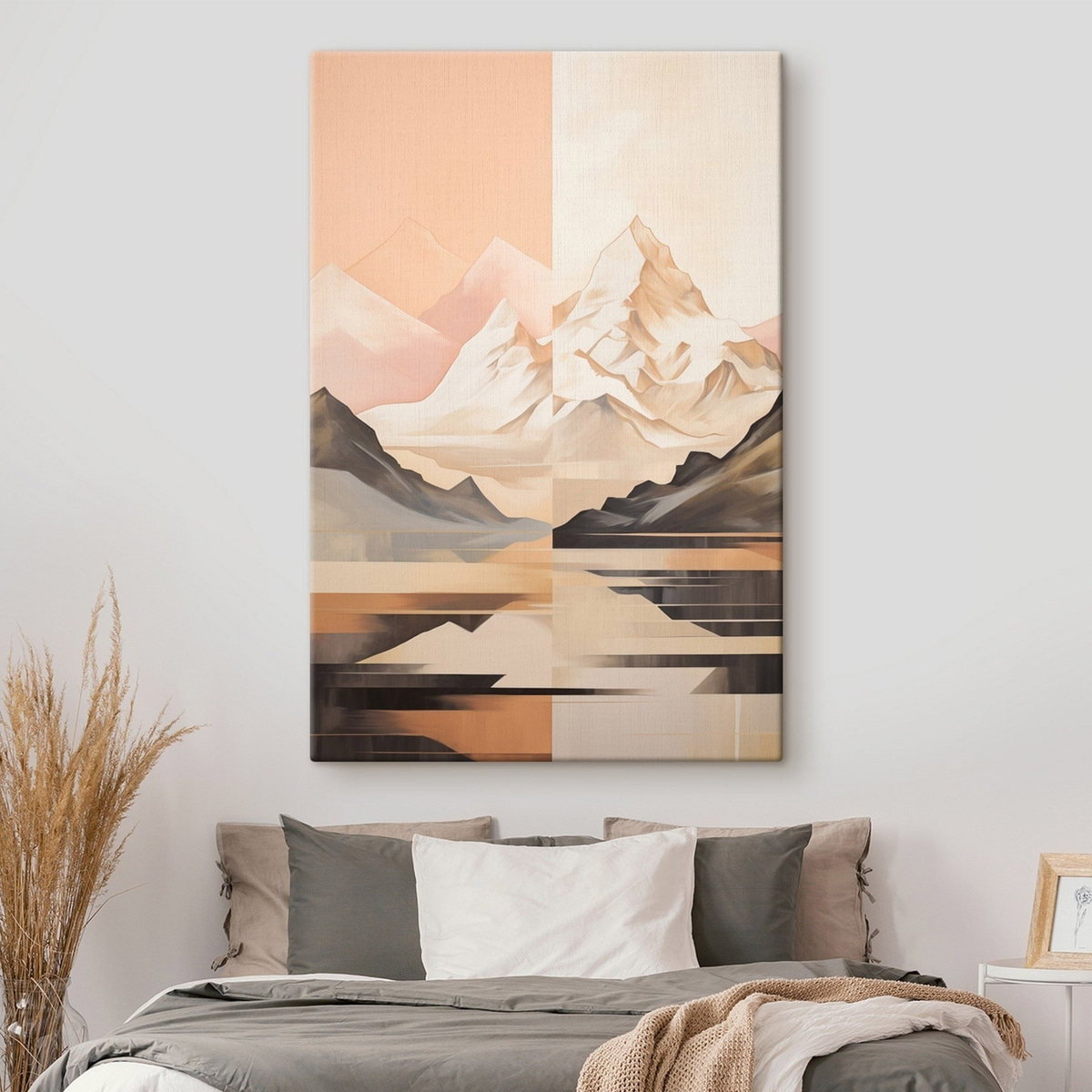 Abstract landschap met bergen en een meer, pastelkleuren, minimalistische stijl — interieur 1