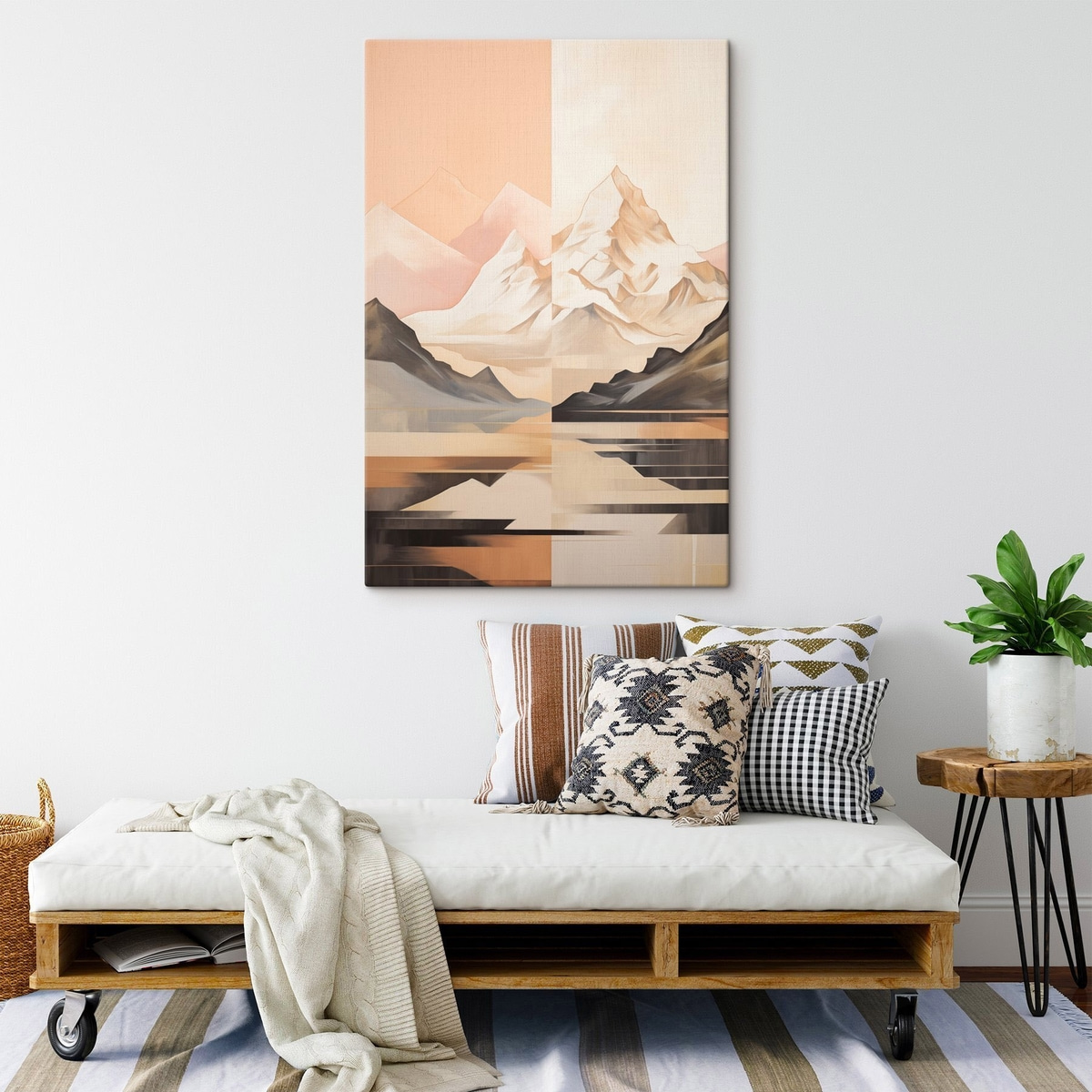 Abstract landschap met bergen en een meer, pastelkleuren, minimalistische stijl — interieur 2