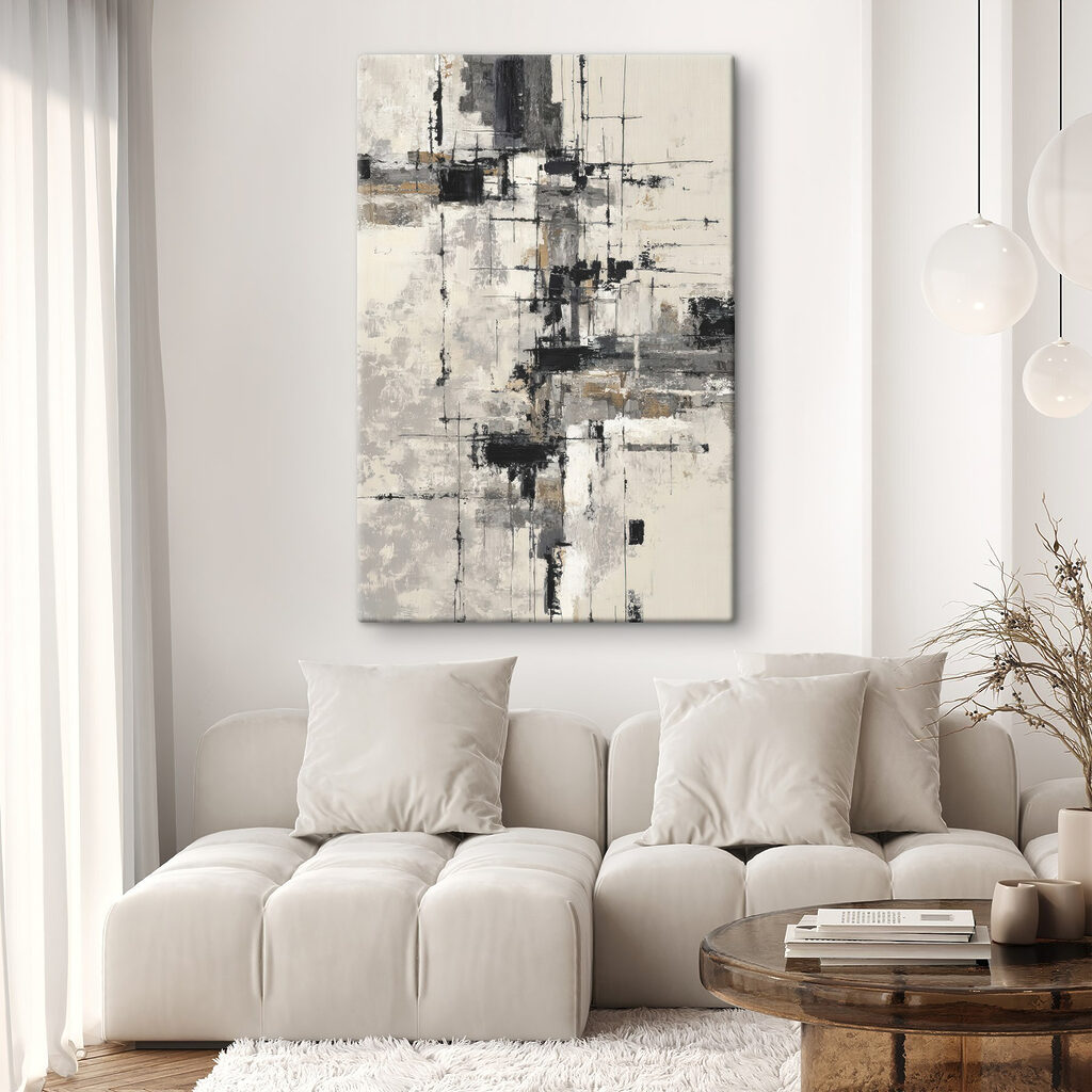 Abstracte vormen in ingetogen kleuren in een interieur