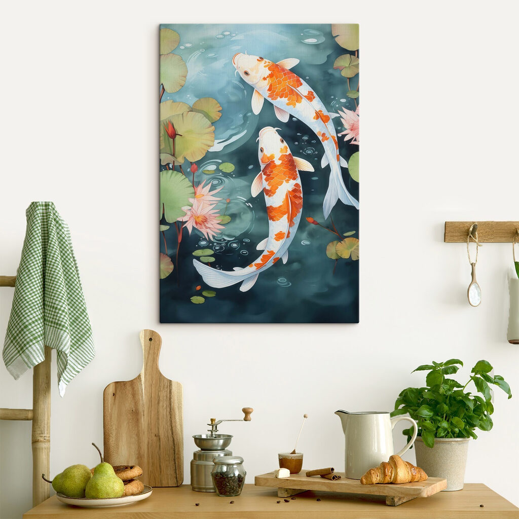 Twee vissen die in het water zwemmen in een interieur