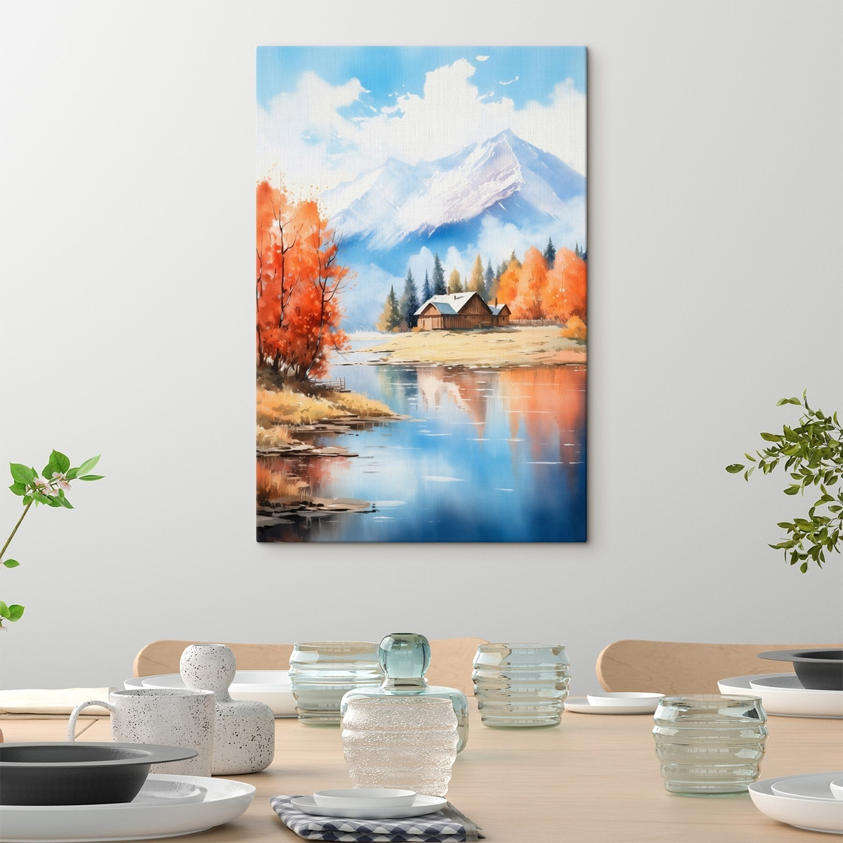 Herfstlandschap aan het meer met een huis en bergen — interieur 3