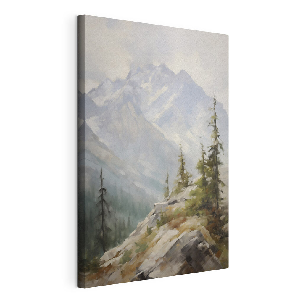 Berglandschap met bomen en bergen, gespannen canvas met doorlopende rand