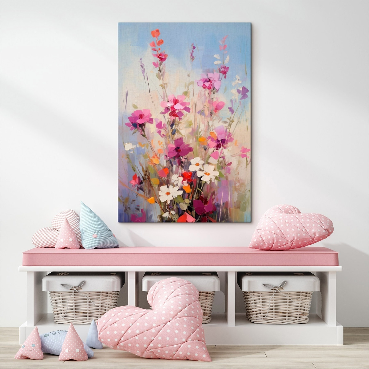 Levendige roze, witte en groene bloemen tegen een zachte, pastelkleurige achtergrond — interieur 1