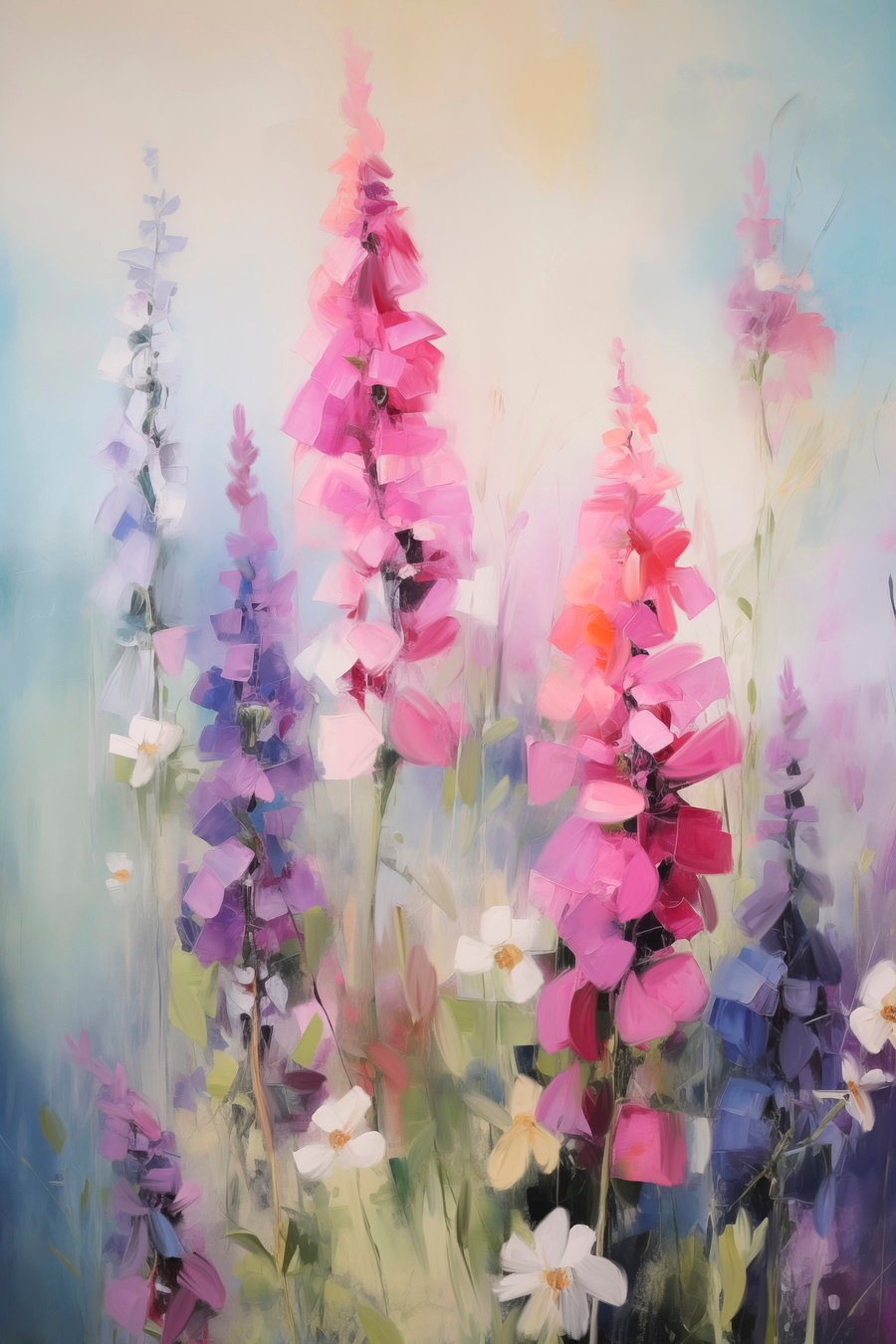 Roze en paarse bloemen met witte madeliefjes in een veld, zachte penseelstreken, pastelkleuren, impressionistische stijl — volledig ontwerp